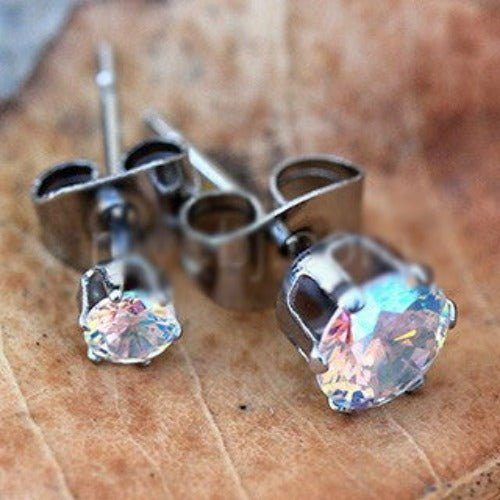 Load image into Gallery viewer, Pair of 316L Stainless Steel Aurora Borealis Round CZ Stud Earrings
